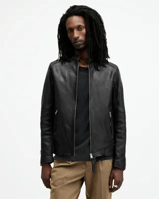 AllSaints Cora Leather Snap Collar Jacket,, Black, Size: