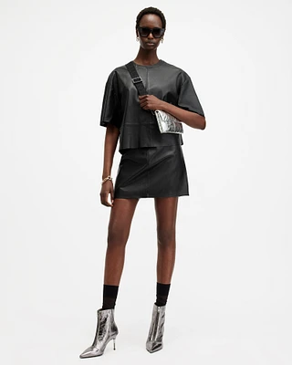 AllSaints Renai Slim Fit Leather Mini Skirt,, Black, Size: UK