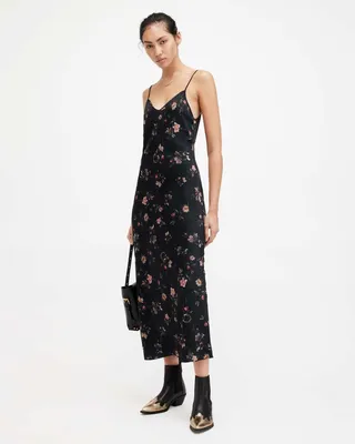 AllSaints Bryony Tanana Slim Fit Midi Slip Dress,, Black, Size: UK 10/US 6