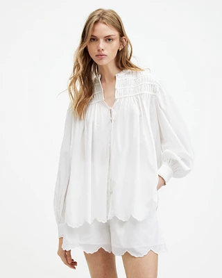AllSaints Etti Relaxed Fit Scallop Edge Shirt,, Off White, Size: UK