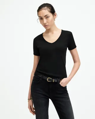 AllSaints Evie V-Neck Short Sleeve T-Shirt,, Black, Size: 6