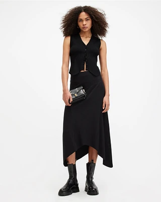 AllSaints Gia Ribbed Asymmetric Midi Skirt,, Black, Size: UK