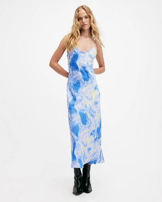 AllSaints Bryony Spiral Print Midi Slip Dress,, VIOLET BLUE, Size: UK 14/US 10