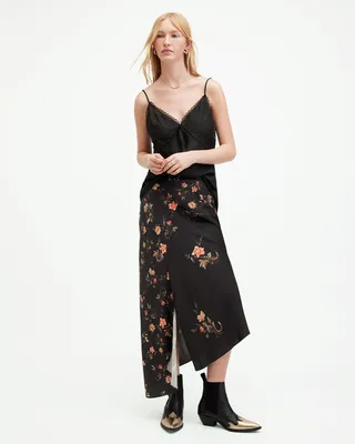 AllSaints Luisa Tanana Floral Print Midi Skirt,, Black, Size: UK 8/US 4