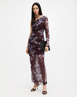 AllSaints Eris One Shoulder Mesh Floral Midi Dress,, Monica Oxblood Red, Size: UK