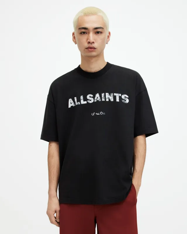 AllSaints Flocker Textured Logo Print T-Shirt,, Jet Black, Size: XS