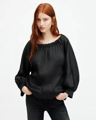 AllSaints Ellie Linen Silk Blend Top,, Black, Size: UK