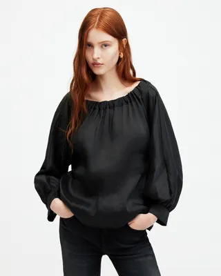 AllSaints Ellie Linen Silk Blend Top,, Black, Size: UK 6/US 2