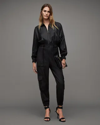 AllSaints Frieda Relaxed Fit Coated Jumpsuit,, Black, Size: 8