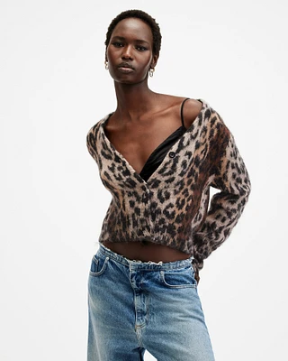 AllSaints Wick Leopard Jacquard Cropped Cardigan,, Size: