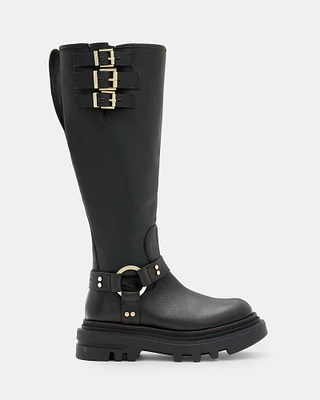 AllSaints Jade Knee High Leather Biker Boots,, Black/warm Brass, Size: UK