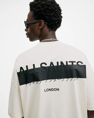 AllSaints Redact Oversized Embroidered Logo T-Shirt,, Ashen White, Size:
