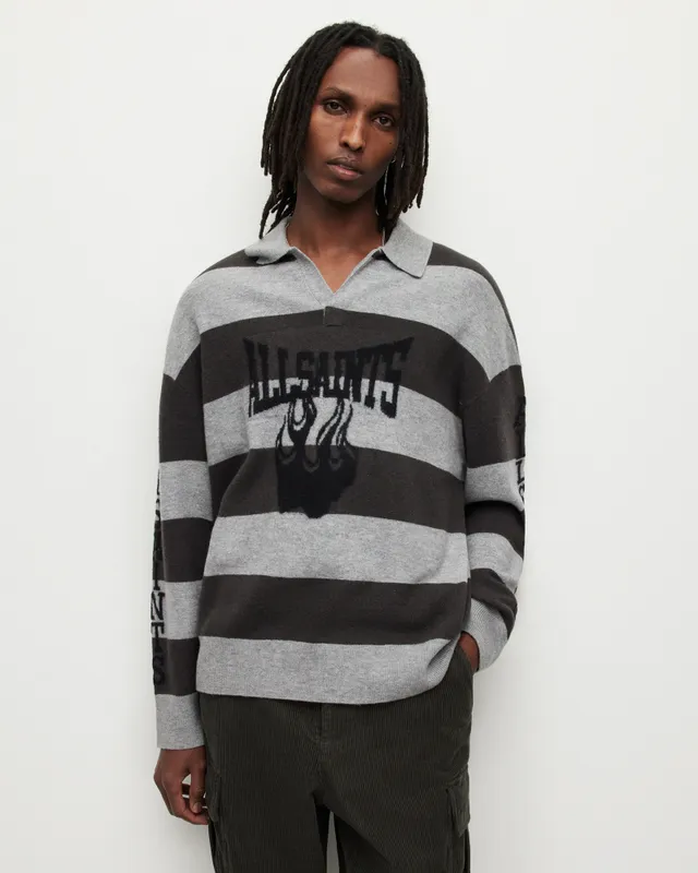 AllSaints Statten Ramskull Long Sleeve Polo Sweater in Gray for