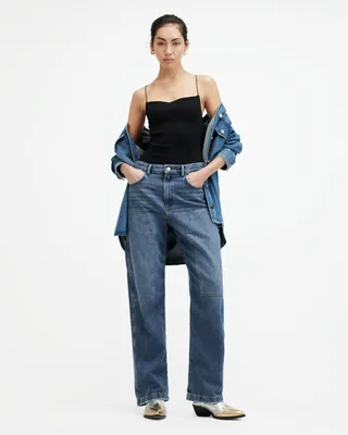 AllSaints Mia Carpenter Wide Leg Denim Jeans,, Mid Indigo, Size: 31