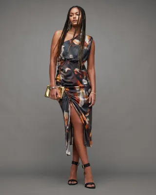 AllSaints Laura Silk Blend One Shoulder Maxi Dress,, RUST BROWN, Size: