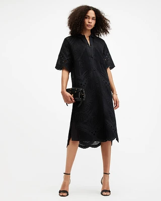 AllSaints Meria Broderie Midi Dress,, Size: