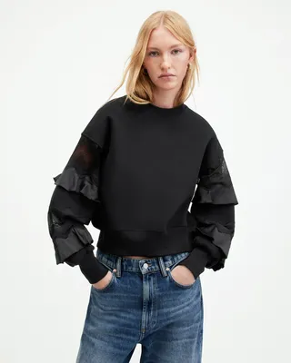 AllSaints Gracie Lace Panelled Frill Sweatshirt,, Black, Size: L