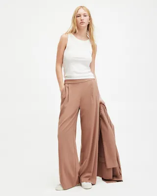 AllSaints Aleida Lightweight Wide Leg Trousers,, Fawn Brown, Size: UK 10/US 6