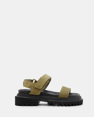AllSaints Rory Chunky Suede Velcro Sandals,, Khaki Green, Size: UK