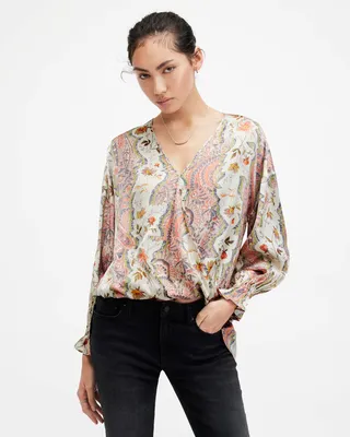 AllSaints Penny Wrap Over Paisley Print Shirt,, Spring Green, Size: UK 10/US 6