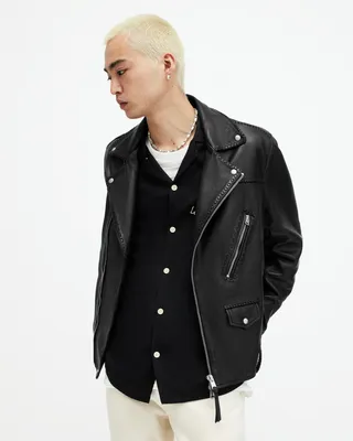 AllSaints Warner Relaxed Fit Leather Biker Jacket,, Black, Size: