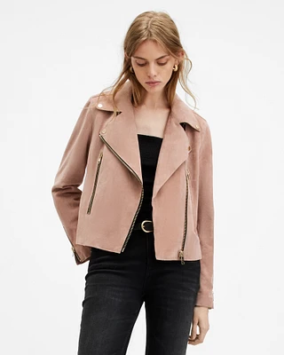 AllSaints Beale Raw Edge Suede Biker Jacket,, Misty Pink, Size: UK 8/US 4