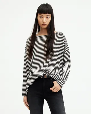 AllSaints Rita Oversized Striped T-Shirt,, Navy, Size: