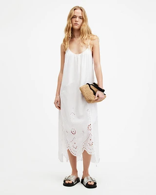 AllSaints Areena Embroidered Adjustable Maxi Dress,, Optic White, Size: UK