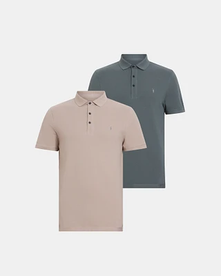 AllSaints Reform Short Sleeve Polo Shirts 2 Pack,, Ashy Blue/taupe, Size: