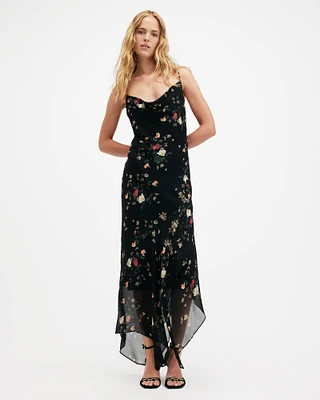 AllSaints Charlotte Kora Floral Print Midi Slip Dress,, Black, Size: UK