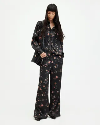 AllSaints Louisa Tanana Floral Print Trousers,, Black, Size: UK 12/US 8