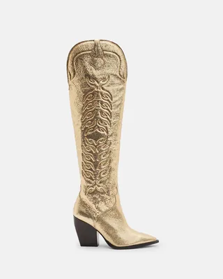 AllSaints Roxanne Knee High METALLIC Leather Boots,, GOLD, Size: UK