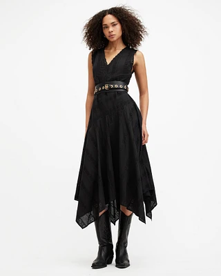 AllSaints Aviana Sleeveless Broderie Maxi Dress,, Black, Size: UK