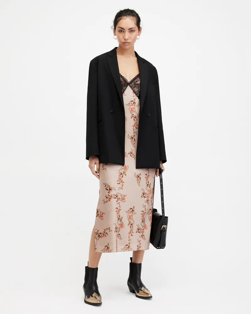AllSaints Immy Floral Oto V-Neck Midi Slip Dress,, Almond Beige, Size: UK 14/US 10