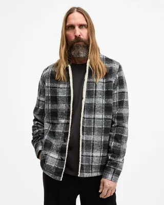 AllSaints Altamount Checked Relaxed Fit Jacket,, COOL GREY/JET BLK, Size: