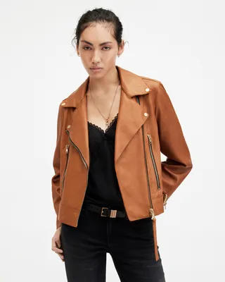 AllSaints Beale Slim Fit Leather Biker Jacket,, Cognac Brown, Size: UK 6/US 2