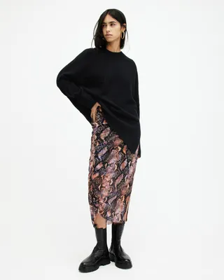 AllSaints Nora Tahoe Snake Print Midi Skirt,, Tan Brown, Size: UK