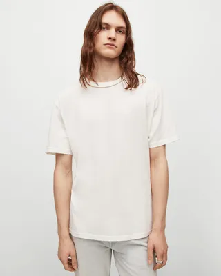 AllSaints Vehicle ramskull logo linen T-shirt in white and green stripe