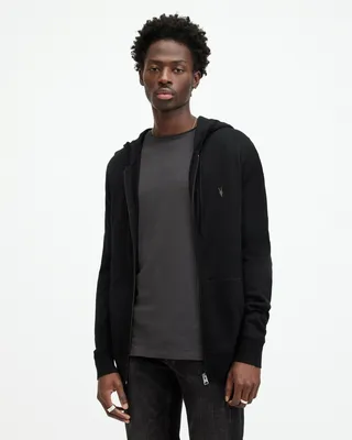AllSaints Mode Merino Zip Up Ramskull Hoodie,, Black, Size: