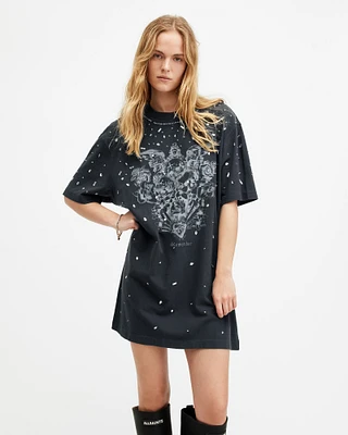 AllSaints Scatter Beaded Oversized T-Shirt Dress,, Washed Black, Size: