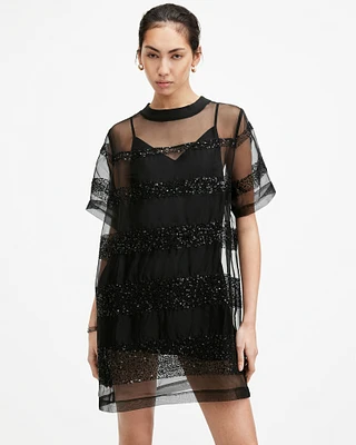 AllSaints Izabela Embellished Mesh Mini Dress,, Black, Size: UK 8/US 4