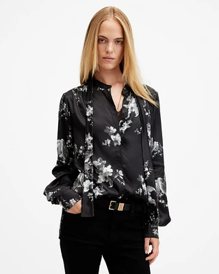 AllSaints Toni Silk Blend Iona Printed Shirt,, Black, Size: UK