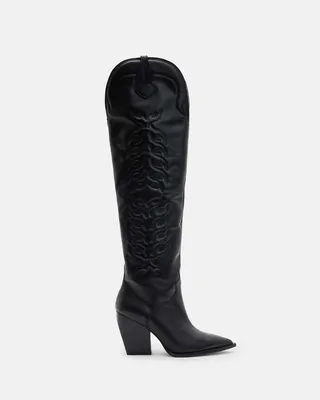 AllSaints Roxanne Knee High Western Leather Boots,, Black, Size: UK
