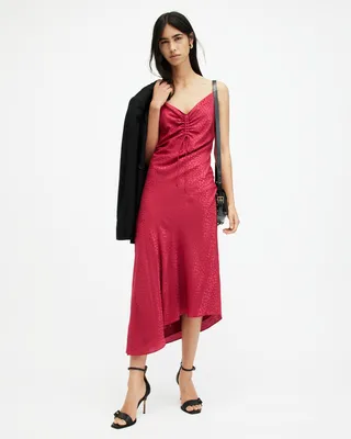 AllSaints Alexia Jacquard V-Neck Midi Slip Dress,, BERRY PINK, Size: UK
