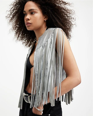 AllSaints Astral Metallic Leather Tassel Gilet,, Silver, Size: UK