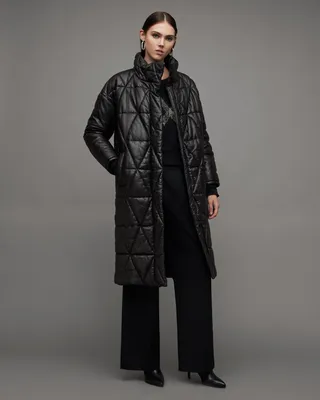 AllSaints Bon Oversized Leather Puffer Coat,, Black, Size: