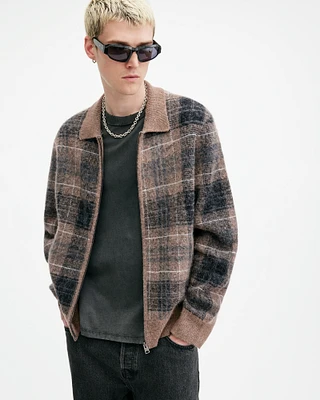 AllSaints Robbie Zip Up Brushed Checked Cardigan,, Yew Brown, Size: