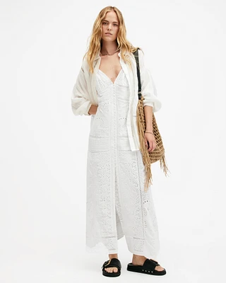 AllSaints Dahlia Embroidered Broderie Maxi Dress,, Off White, Size: UK