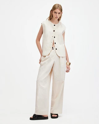 AllSaints Payton Pinstripe Linen Blend Waistcoat,, Ivory White, Size: UK