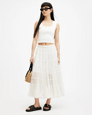 AllSaints Eva Elasticated Waist Tiered Maxi Skirt,, Size: